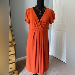 ABS Allen Schwartz V Neck Dress, Pleated Front & Sleeve